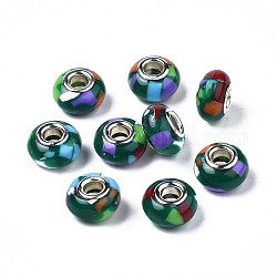 Resina perline europei, perline con foro grande, con anime in ottone tono platino, imitazione della porcellana, rondelle, verde scuro, 14x8.5mm, Foro: 5 mm