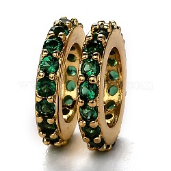 Perles européennes en laiton avec zircone cubique de micro pave, Plaqué longue durée, véritable 18k plaqué or, Perles avec un grand trou   , anneau, verte, 10x1.8mm, Trou: 6mm