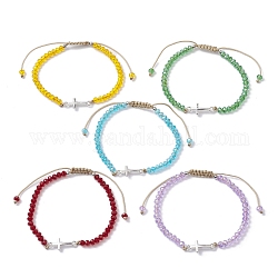 Tibetan Style Alloy Cross Link Bracelet, Glass Braided Bead Adjustable Bracelet, Mixed Color, Inner Diameter: 2-3/8~3-1/2 inch(6~9cm)