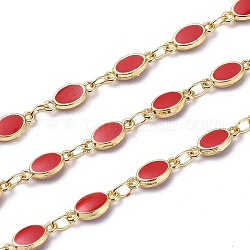 Handmade Alloy Enamel Oval Link Chains, with Spool, Soldered, Long-Lasting Plated, Lead Free & Cadmium Free, Golden, Red, 10x4.5x2mm, about 16.4 Feet(5m)/roll