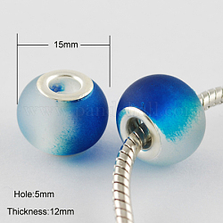 Due perle di vetro europei tono, con colore argento placcato ottone doppie core, perline con foro grande, stile gommato, rondelle, blu scuro, 15x12mm, Foro: 5 mm