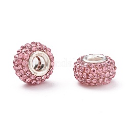 Perles européennes avec strass grade A, Perles avec un grand trou   , résine, avec noyau en laiton plaqué couleur argent, rondelle, rose clair, 15x10mm, Trou: 5mm