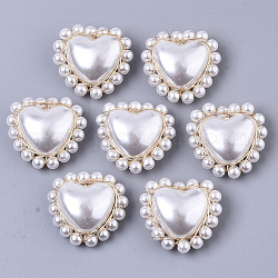 ABS Plastic Imitation Pearl Beads Woven Pendants,with Light Gold Plated Brass Findings, Heart, Creamy White, 22~24x24x9mm