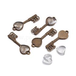 Pendente in lega basi per cabochon, con cabochon di vetro cuore, skeleton key, cadmio & nichel &piombo libero, bronzo antico, 34x12x2mm, Foro: 1.5 mm