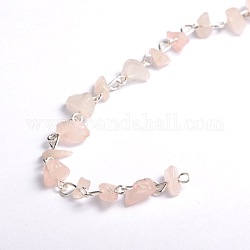 Catene di perle di quarzo rosa naturale fatte a mano per la realizzazione di braccialetti di collane, con perno in ferro placcato color argento, senza saldatura, 39.3 pollice, perline: 5~9 mm