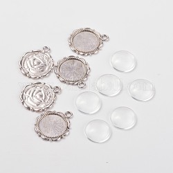 Flower Alloy Pendant Cabochon Settings and Half Round/Dome Clear Glass Cabochons, Lead Free & Nickel Free, Antique Silver, Settings: Tray: 14mm, 23x18mm, Hole: 3mm, Glass Cabochons: 14x4.2mm