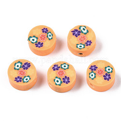 Manuell Polymer Ton Perlen, für DIY Schmuck Bastelbedarf, flach rund mit Blume, Sandy Brown, 9.5~10x4.5 mm, Bohrung: 1.8 mm