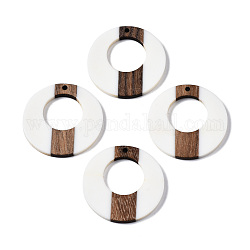 Ciondoli in resina opaca e legno di noce, Two Tone, ciambella, bianco, 35x3mm, Foro: 2 mm