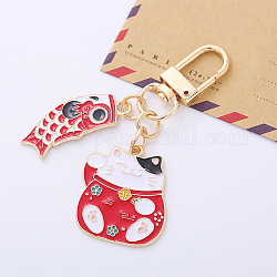Porte-clés pendentif en alliage d'émail, fermoirs alliage pivotantes, poisson koi avec chat de fortune, rouge, 6.5 cm