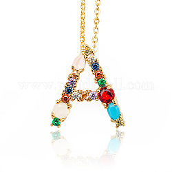 Brass Micro Pave Cubic Zirconia Initial Pendants Necklaces, with Cable Chains, Letter, Letter.A, 17.9~18.1 inch(45.5~46cm)x1.5mm, LetterA: 20.5x18.5x6mm