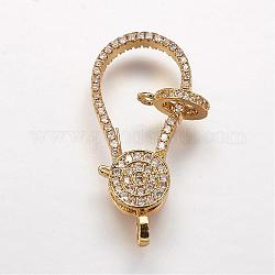 Brass Micro Pave Cubic Zirconia Lobster Claw Clasps, Golden, 31x14x4.5mm, Hole: 2mm