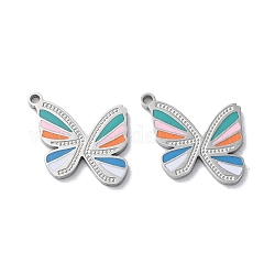 304 Stainless Steel Pendants, with Enamel, Butterfly Charm, Stainless Steel Color, 13.5x15.5x1.5mm, Hole: 1.4mm