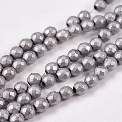 Chapelets de perles en hématite synthétique sans magnétiques, facette, mat, ronde, Grade a, Plaqué Argent, 4mm, Trou: 1mm, Environ 100 pcs/chapelet, 16 pouce