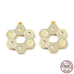 925 Sterling Silver Pendants, Hexagon Flower Charm, Textured, Real 18K Gold Plated, 16x13x1.2mm, Hole: 1.2mm