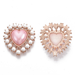 Cabochons en alliage à dos plat, avec perles en plastique imitation abs, or rose, cœur, rose, 29x27x8mm