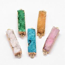 Electroplated Natural & Dyed Druzy Agate Links connectors, with Golden Plated Brass Findings, Rectangle, Mixed Color, 37~38x8~9x9~10mm, Hole: 2mm