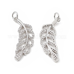 Brass Micro Pave Cubic Zirconia Pendants, with Jump Ring, Feather Charm, Platinum, 29.5x12x2.5mm, Hole: 3mm