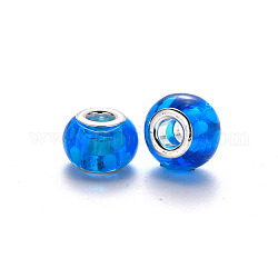 Perles européennes vernissées manuelles, perles de rondelle avec grand trou , en laiton de tonalité de platine noyaux doubles, Dodger bleu, 14~16x9~10mm, Trou: 5mm