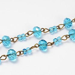 Glass Rondelle Beads Chains for Necklaces Bracelets Making, with Glass Seed Beads and Antique Bronze Iron Eye Pin, Unwelded, Deep Sky Blue, 39.3 inch
