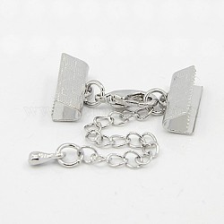 Brass Ribbon Ends with Lobster Claw Clasps and Chains, Platinum, 28mm, Ribbon end: 7x15mm
