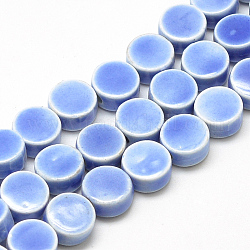 Perles en porcelaine manuelles, porcelaine émaillée lumineux, plat rond, bleuet, 8~8.5x4~4.5mm, Trou: 2mm