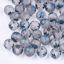 Осенняя тема гальваника прозрачные стеклянные бусины, матовые, круглый с рисунком кленового листа, стальной синий, 8~8.5 мм, отверстие : 1.5 мм