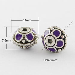 Handmade Indonesia Beads, with Alloy Cores, Flat Round, Antique Silver, Indigo, 11x7.5mm, Hole: 2mm