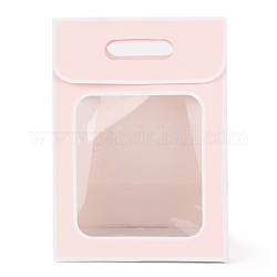 Rectangle Paper Bags, Flip Over Paper Bag, with Handle and Plastic Window, Pink, 30x21.5x13cm