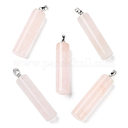 Pendentifs de quartz rose naturel, breloques de colonne avec fermoirs à pression en laiton plaqué platine, 40.8~42x10~10.5mm, Trou: 7.2x4.2mm