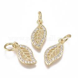 20Pcs Brass Micro Pave Cubic Zirconia Charms, with Jump Ring, Long-Lasting Plated, Leaf, Clear, Real 18K Gold Plated, 13x6x1mm, Hole: 3mm