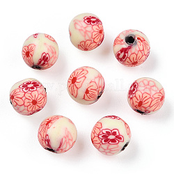 Manuell Polymer Ton Perlen, Runde mit Blumenmuster, beige, 10 mm, Bohrung: 1.5~2 mm