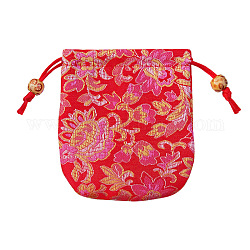 Pochettes d'emballage de bijoux en satin à motif de fleurs de style chinois, sacs-cadeaux à cordon, rectangle, cramoisi, 10.5x10.5 cm