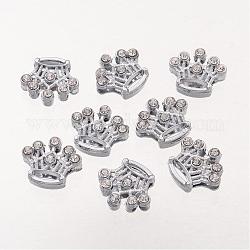 Alloy Crown Slide Charms with Grade A Rhinestones, Platinum, 13x14x5mm, Hole: 7x2mm