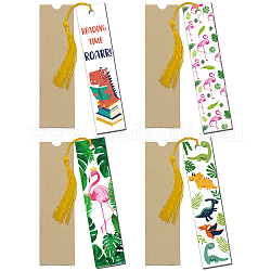 Globleland Flamingo & Dinosaur Pattern Acrylic Bookmarks, with Polyester Tassel Decorations, Paper Bags, Mixed Color, Bookmark: 120x28mm, 4pcs/set