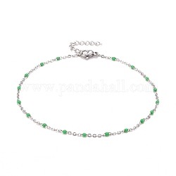 304 Stainless Steel Cable Chain Anklets, with Enamel and Lobster Claw Clasps, Stainless Steel Color, Green, 230x2mm