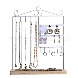 Estante de exhibición del organizador de la joyería del hierro, con bandeja de madera, para collares pendientes anillos exhibición, blanco, 27.6x9.5x34.5 cm