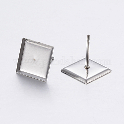 Accessoires de puces d'oreilles en 304 acier inoxydable, carrée, couleur inoxydable, Plateau: 10x10 mm, 11x11x1.2mm, pin: 0.8 mm