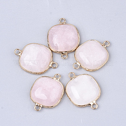 Connecteurs de liens en quartz rose naturel, avec les accessoires en laiton, carrée, or, 27~28x19~20x6~7mm, Trou: 2mm