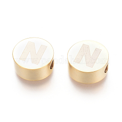 304 perline in acciaio inossidabile, piatta e rotonda con la lettera, letter.n, 10x4.5mm, Foro: 2 mm