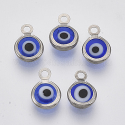 Breloques vernisées manuelles, avec accessoires en 304 acier inoxydable, rond et plat avec des mauvais œil, bleu, 9.5x6.5x2.5mm, Trou: 1.5mm