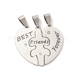 Friendship 201 Stainless Steel Rhinestone Pendants, Split Pendants, Heart with Word Best Friends Forever, Stainless Steel Color, 32x35.7x1.4mm, Hole: 8.5x4.3mm