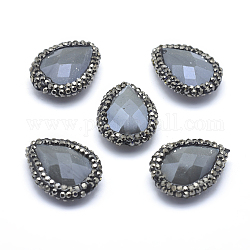 Handmade Polymer Clay Rhinestone Beads, with Glass, Faceted, teardrop, Hematite, Gray, 23x18x7.5mm, Hole: 1mm