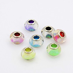 Handmade Polymer Clay Enamel Large Hole Rondelle European Beads, with Platinum Brass Double Cores, Mixed Color, 14x9mm, Hole: 5mm