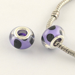 Large Hole Polka Dot Pattern Acrylic European Beads, with Silver Tone Brass Double Cores, Rondelle, Mauve, 14x9mm, Hole: 5mm