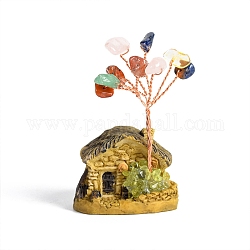 Decoraciones de exhibición de resina, adorno de feng shui de piedra de energía reiki, con árbol de piedras preciosas naturales y alambre de cobre, casa, 38x30x55~65mm