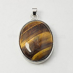 Gemstone Pendants, with Brass Findings and Tiger Eyes, Oval, Platinum, Goldenrod, 41x27.5x7.5mm, Hole: 3x6mm