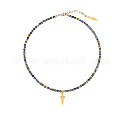 Collar con colgante de cruz de acero inoxidable con cuentas de lapislázuli natural, 15.75 pulgada (40 cm)
