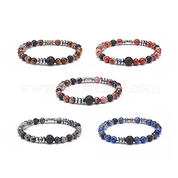 Natural Lava Rock & Mixed Gemstone Stretch Bracelet with Alloy Column Beaded, Essential Oil Gemstone Jewelry for Women, Inner Diameter: 2-1/8 inch(5.5cm)