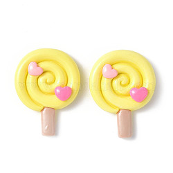 Opaque Resin Cabochons, Lollipop with Heart, Yellow, 34.5x26x8.5mm
