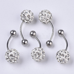 Stainless Steel Body Jewelry, Belly Rings, with Polymer Clay Rhinestones, Round Ball Curved Barbell Navel Rings, Crystal, 25~29.5x10mm, Bar Length: 1/2